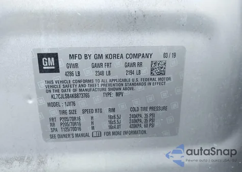 2019 Chevrolet Trax Lt z USA, uszkodzony, nr VIN KL7CJLSB4KB873765